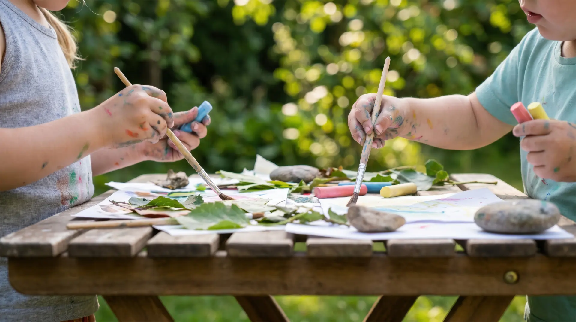kids painting on leaves and rocks